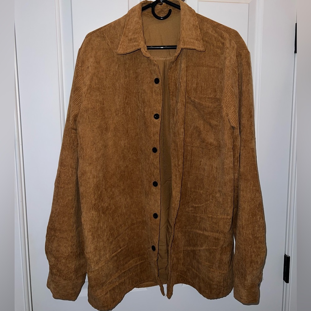 Brown Ribbed Faux Corduroy Button-Down